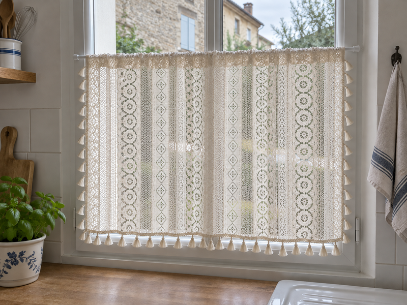Brise-bise beige ajouré à pompons — vue d’ensemble