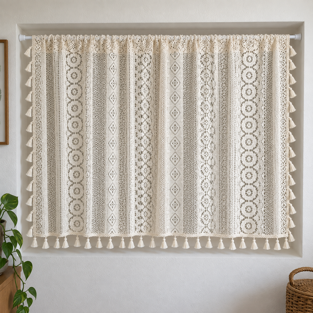 Brise-bise beige ajouré à pompons — vue 2