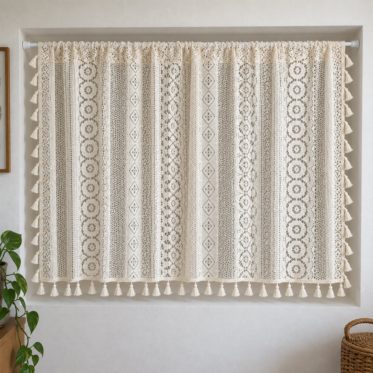 Brise-bise beige ajouré à pompons — vue 2