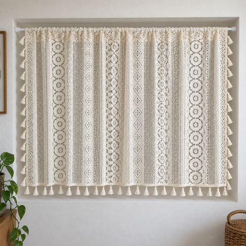 Brise-bise beige ajouré à pompons — vue 2