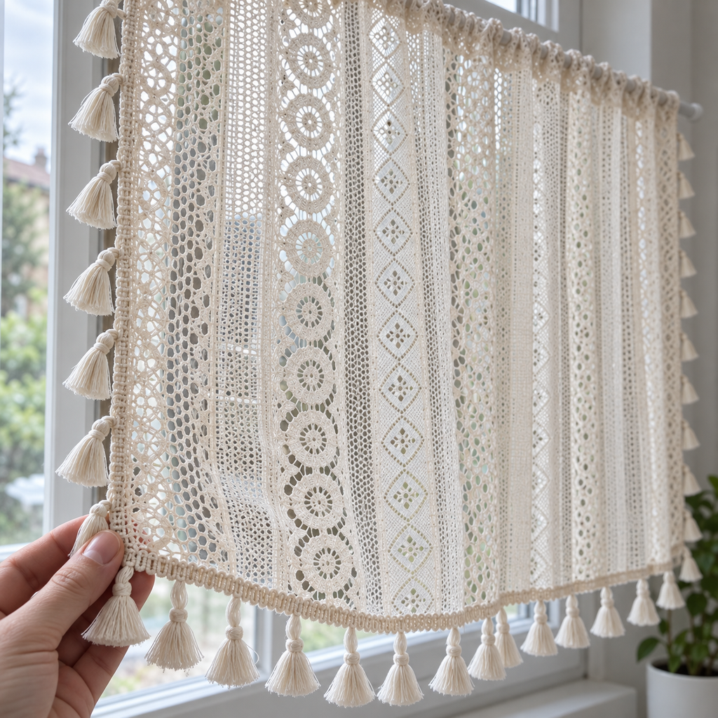 Brise-bise beige ajouré à pompons — détail du tissu