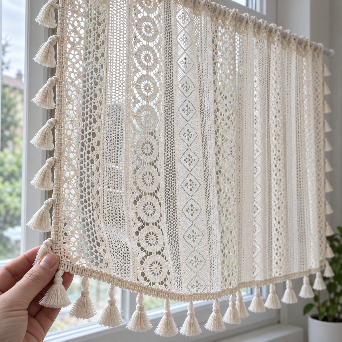 Brise-bise beige ajouré à pompons — détail du tissu