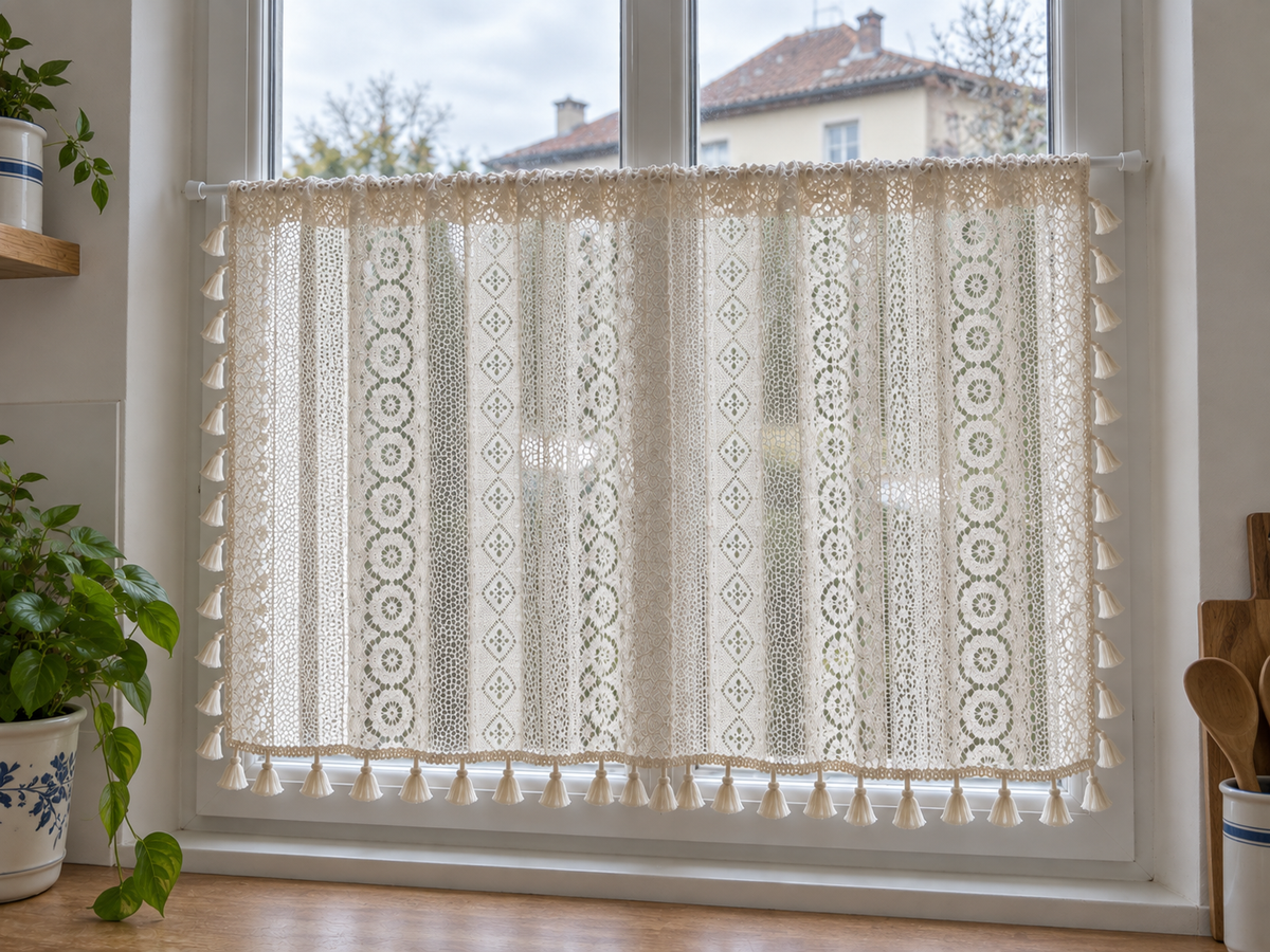 Brise-bise beige ajouré à pompons — vue 4