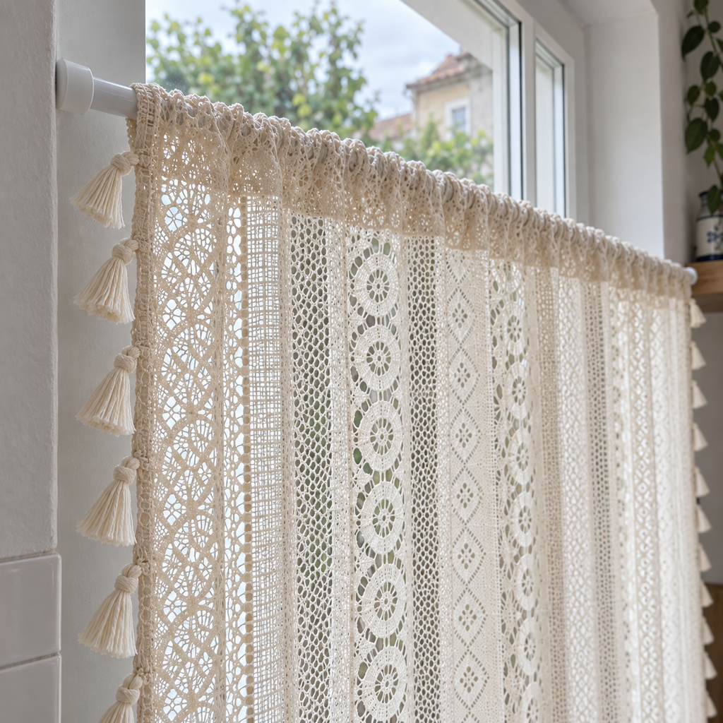 Brise-bise beige ajouré à pompons — vue 6