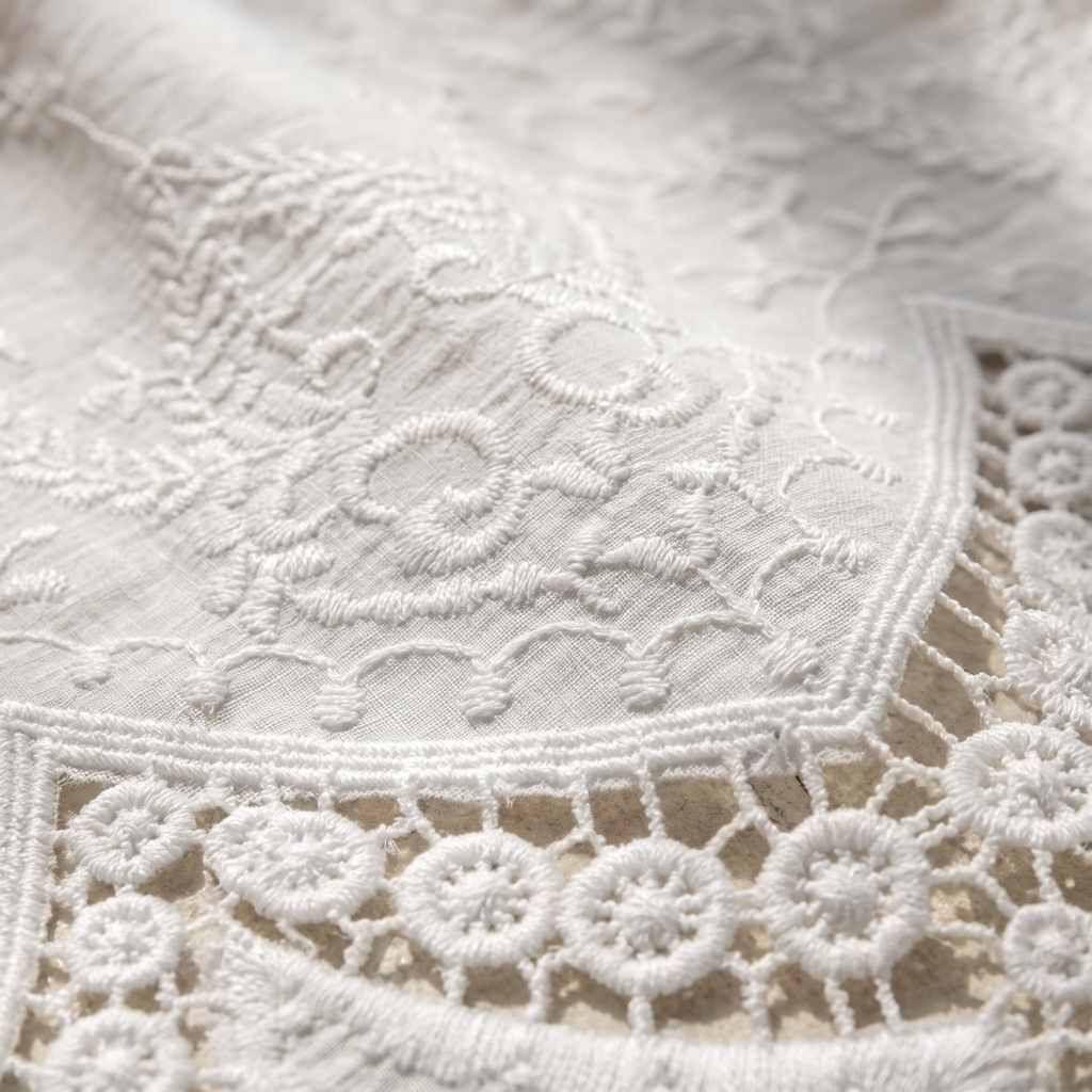 Brise-bise blanc en dentelle fleurie — détail du tissu