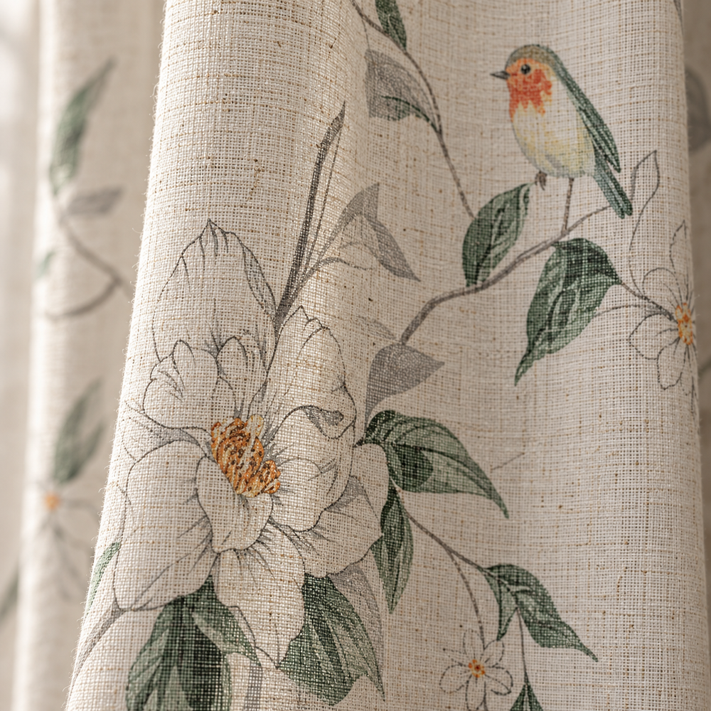 Voilage botanique aux camélias et oiseaux — détail du tissu