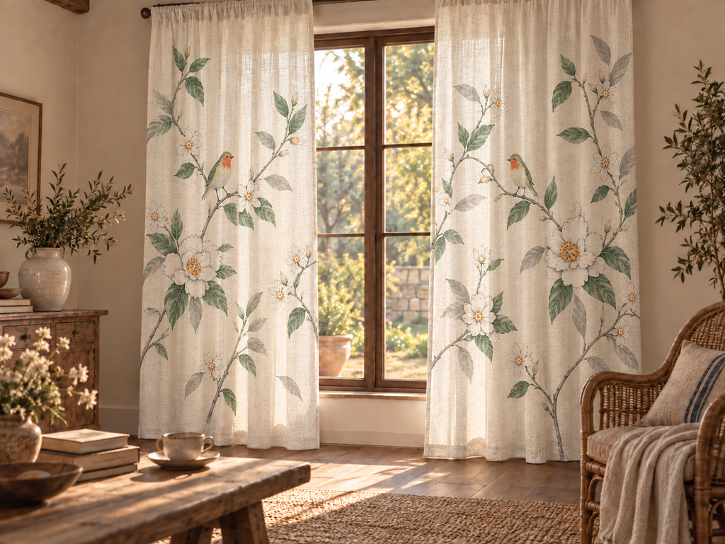 Voilage botanique aux camélias et oiseaux — vue 4