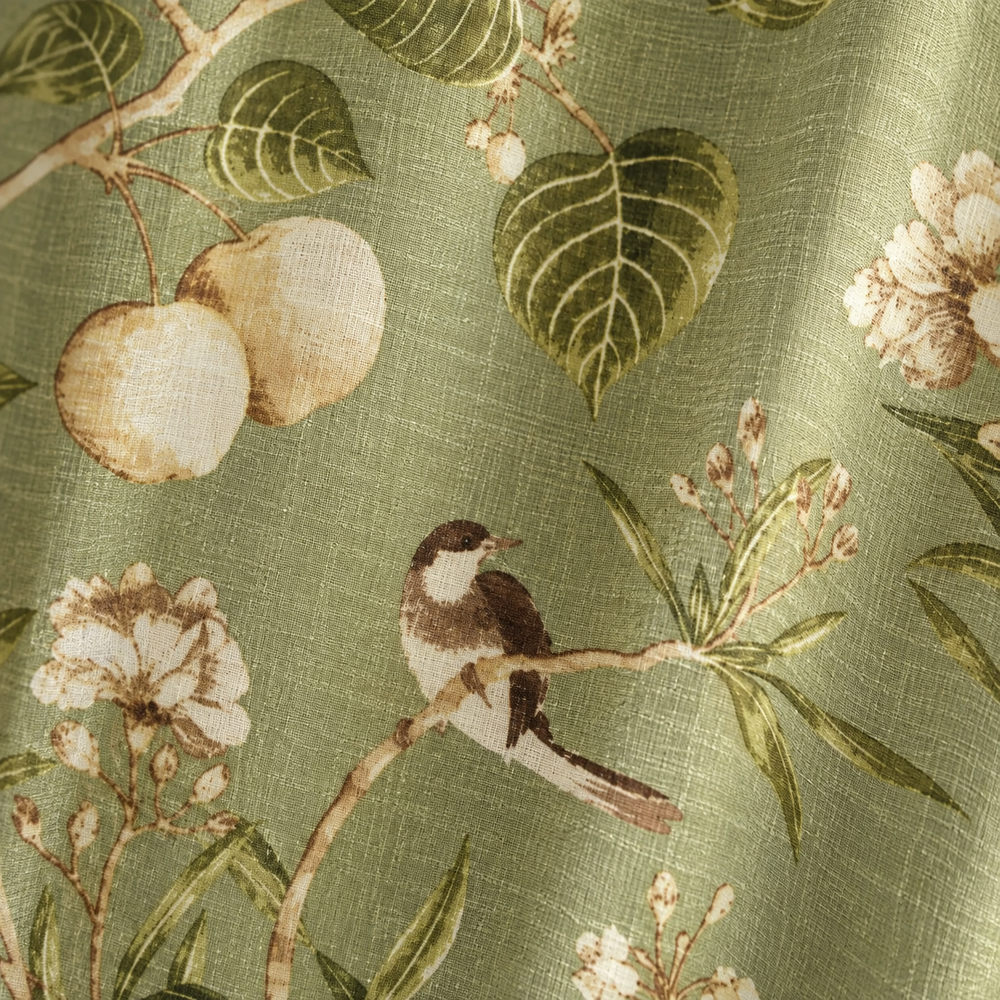 Rideau vert sauge aux oiseaux et branches — détail du tissu