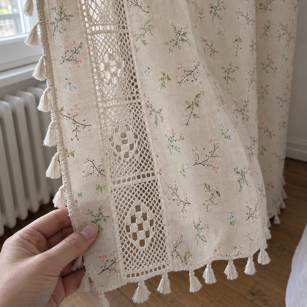 Voilage crème fleuri, crochet et pompons — détail du tissu