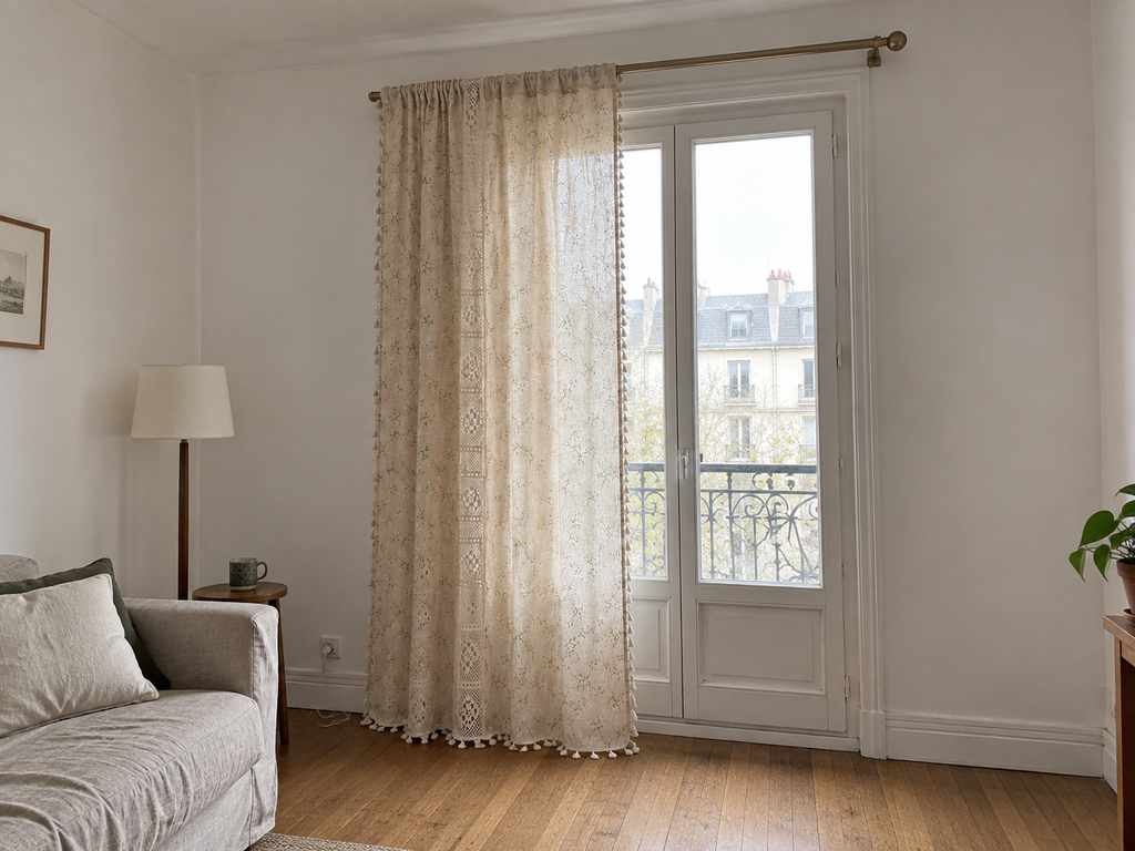 Voilage crème fleuri, crochet et pompons — vue 4