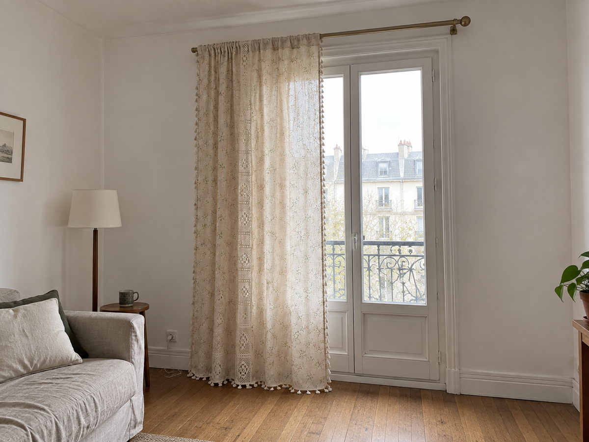 Voilage crème fleuri, crochet et pompons — vue 4