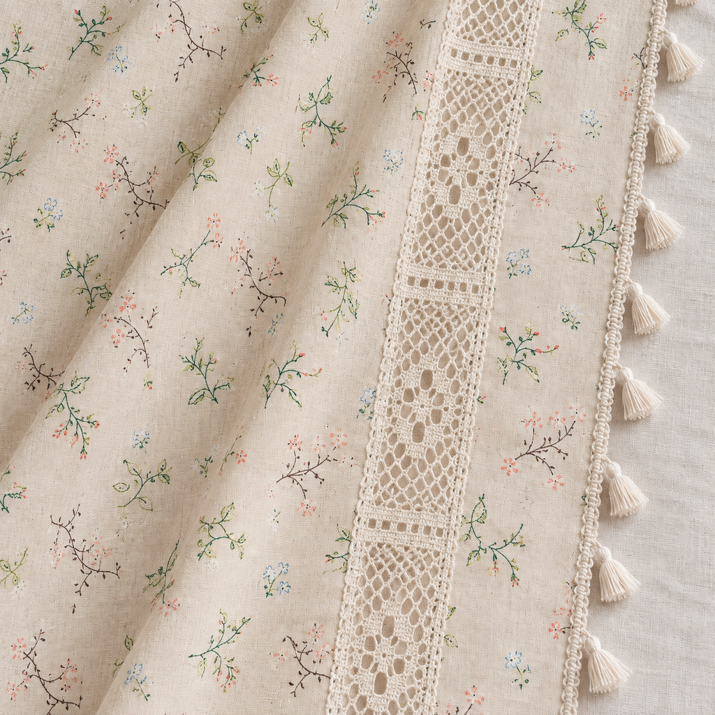 Voilage crème fleuri, crochet et pompons — vue 6